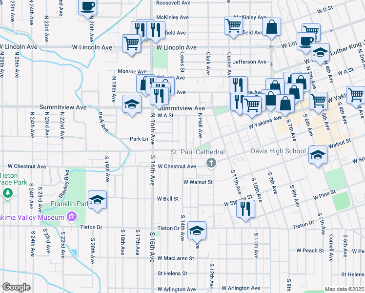 map of restaurants, bars, coffee shops, grocery stores, and more near 2 Chicago Avenue in Yakima