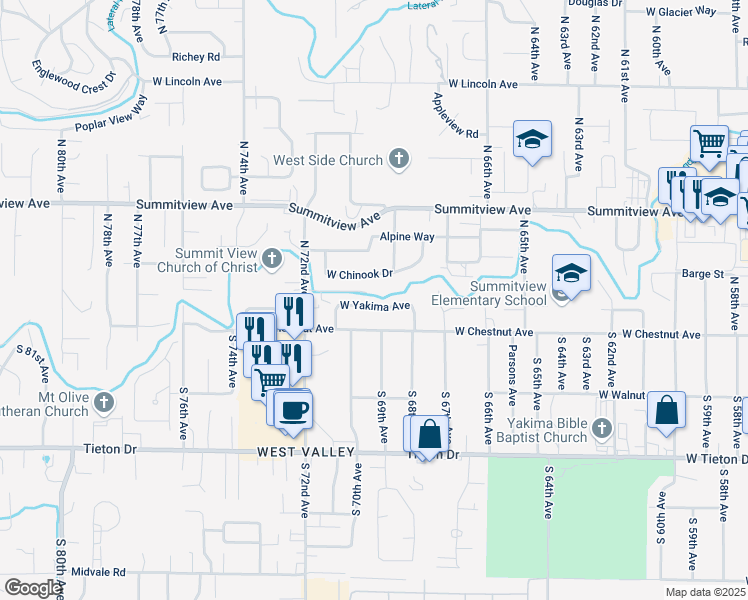 map of restaurants, bars, coffee shops, grocery stores, and more near 6901 West Yakima Avenue in Yakima