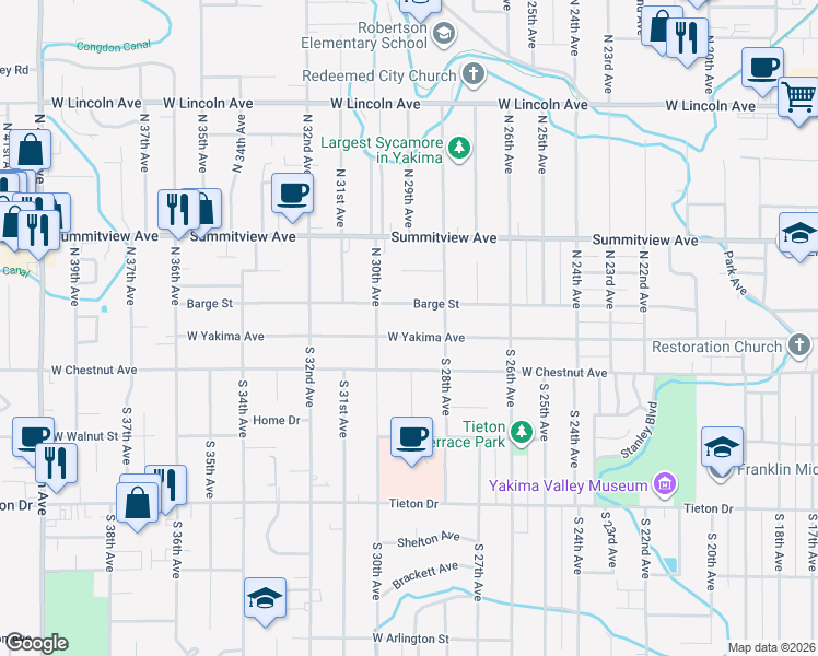 map of restaurants, bars, coffee shops, grocery stores, and more near 2901 West Yakima Avenue in Yakima
