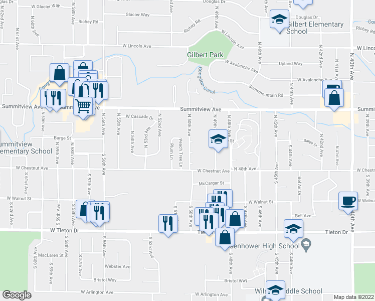 map of restaurants, bars, coffee shops, grocery stores, and more near 110 North 50th Avenue in Yakima