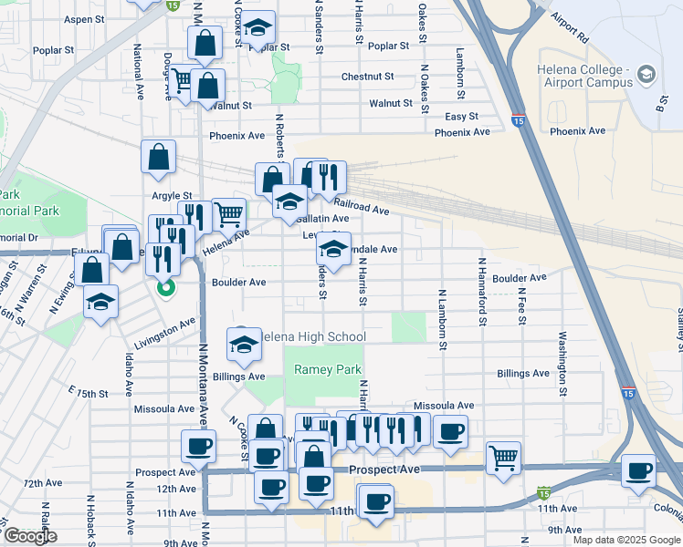 map of restaurants, bars, coffee shops, grocery stores, and more near 1518 Boulder Avenue in Helena