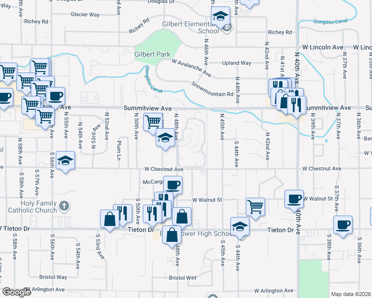 map of restaurants, bars, coffee shops, grocery stores, and more near 101 North 48th Avenue in Yakima