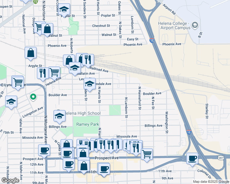 map of restaurants, bars, coffee shops, grocery stores, and more near 1704 Boulder Avenue in Helena