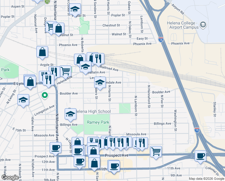 map of restaurants, bars, coffee shops, grocery stores, and more near 1606 Boulder Avenue in Helena