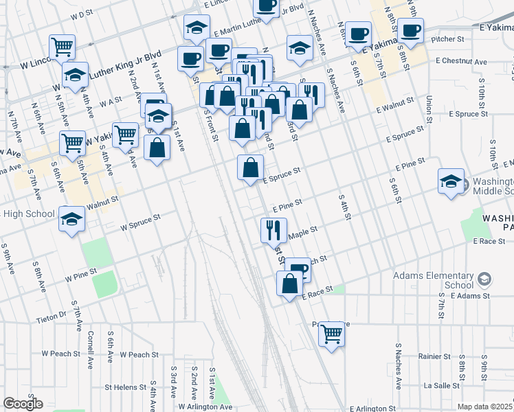 map of restaurants, bars, coffee shops, grocery stores, and more near 322 South 1st Street in Yakima