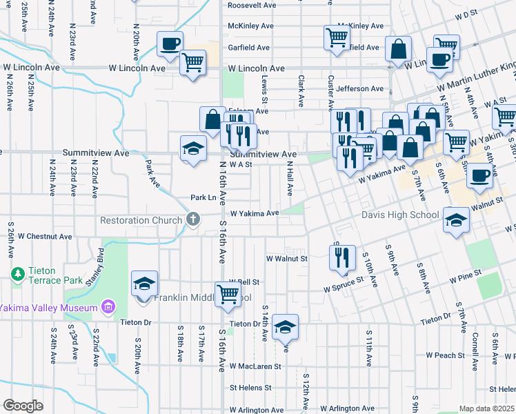 map of restaurants, bars, coffee shops, grocery stores, and more near 1409 West Yakima Avenue in Yakima