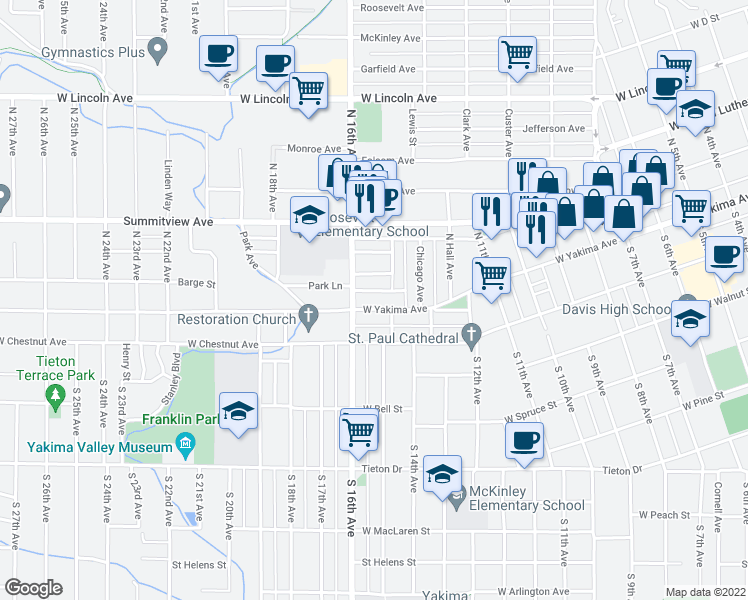 map of restaurants, bars, coffee shops, grocery stores, and more near 1515 West Yakima Avenue in Yakima