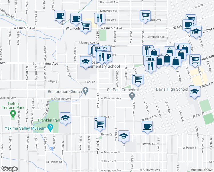 map of restaurants, bars, coffee shops, grocery stores, and more near 1515 West Yakima Avenue in Yakima