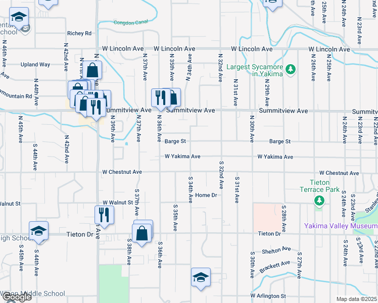 map of restaurants, bars, coffee shops, grocery stores, and more near 3309 West Yakima Avenue in Yakima