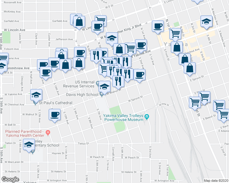 map of restaurants, bars, coffee shops, grocery stores, and more near 506 West Walnut Street in Yakima