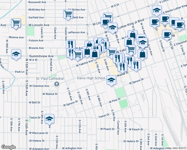 map of restaurants, bars, coffee shops, grocery stores, and more near 101 South 8th Avenue in Yakima