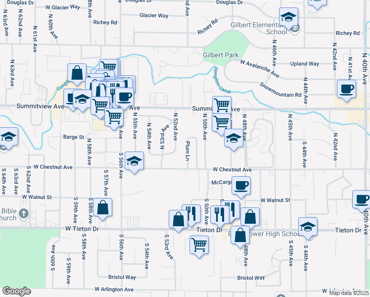 map of restaurants, bars, coffee shops, grocery stores, and more near 108 Plum Lane in Yakima