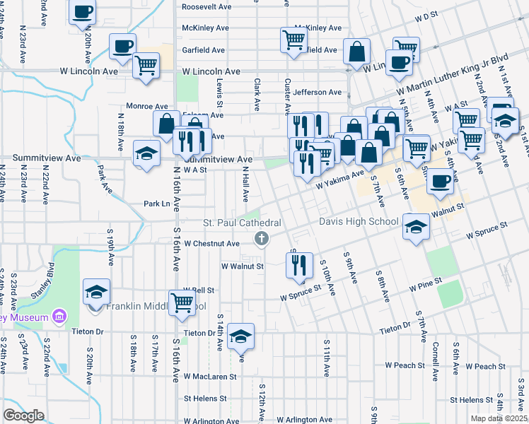 map of restaurants, bars, coffee shops, grocery stores, and more near 1 South 12th Avenue in Yakima