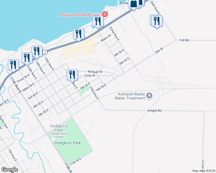 map of restaurants, bars, coffee shops, grocery stores, and more near 1806 6th Street East in Ashland