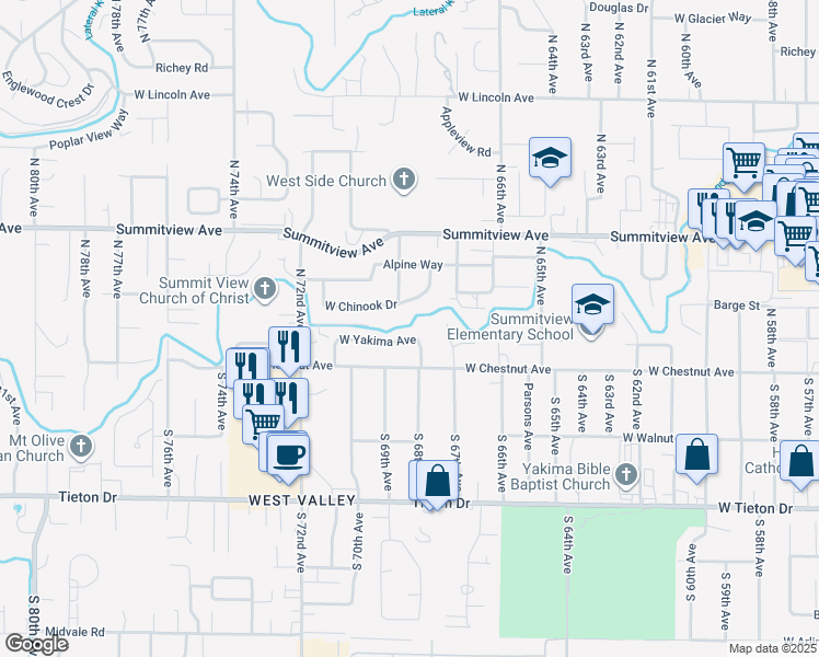 map of restaurants, bars, coffee shops, grocery stores, and more near 6805 West Yakima Avenue in Yakima