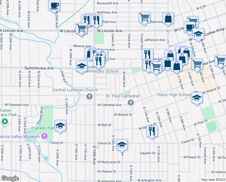 map of restaurants, bars, coffee shops, grocery stores, and more near 6 Chicago Avenue in Yakima