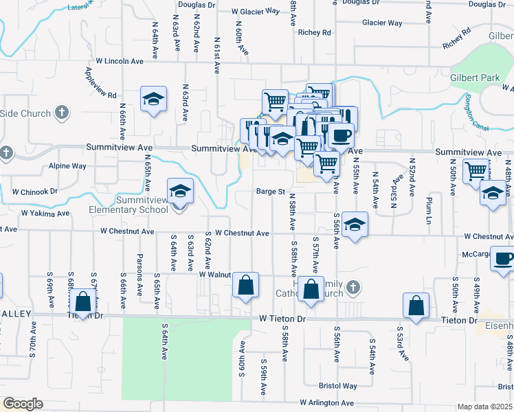 map of restaurants, bars, coffee shops, grocery stores, and more near 9 North 60th Avenue in Yakima