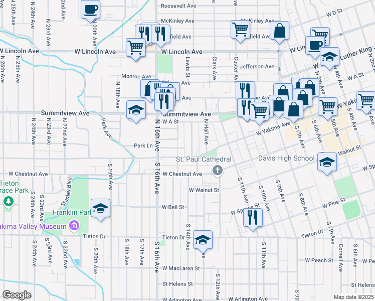 map of restaurants, bars, coffee shops, grocery stores, and more near 6 Chicago Avenue in Yakima