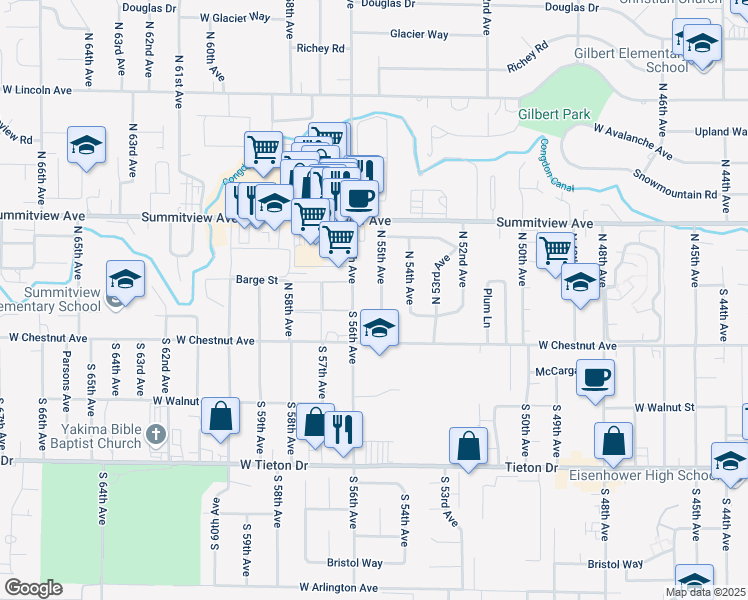 map of restaurants, bars, coffee shops, grocery stores, and more near 4 North 55th Avenue in Yakima