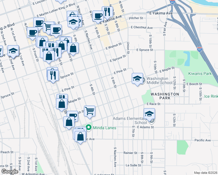 map of restaurants, bars, coffee shops, grocery stores, and more near 531 East Maple Street in Union Gap