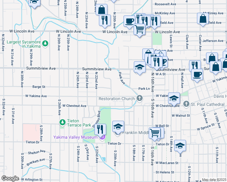 map of restaurants, bars, coffee shops, grocery stores, and more near 1911 West Yakima Avenue in Yakima