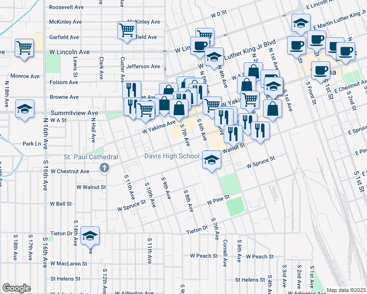 map of restaurants, bars, coffee shops, grocery stores, and more near 101 South 8th Avenue in Yakima