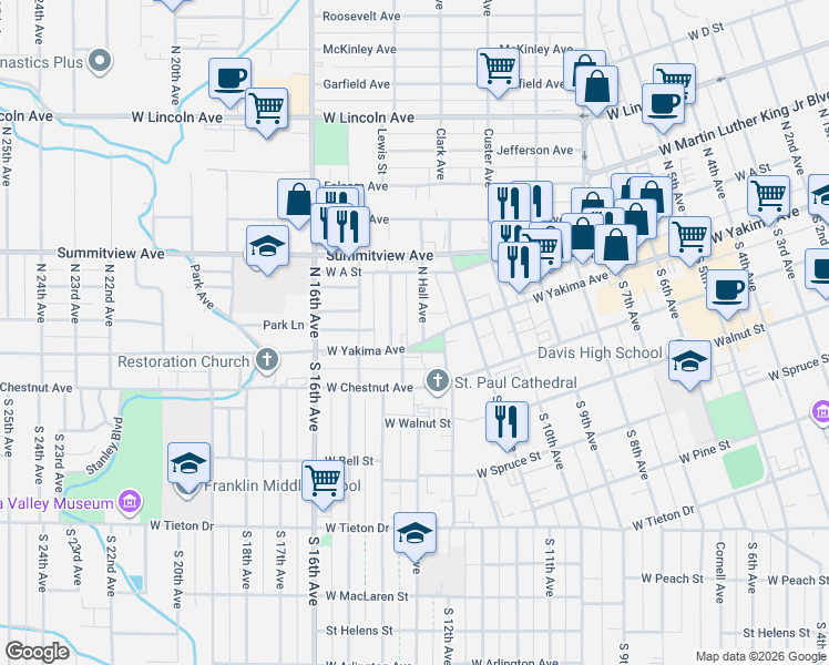 map of restaurants, bars, coffee shops, grocery stores, and more near 1203 West Yakima Avenue in Yakima