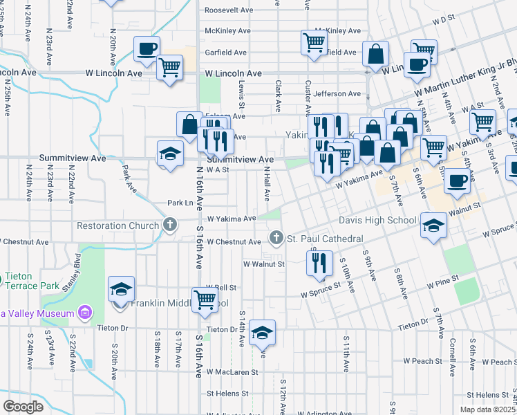 map of restaurants, bars, coffee shops, grocery stores, and more near 1203 West Yakima Avenue in Yakima