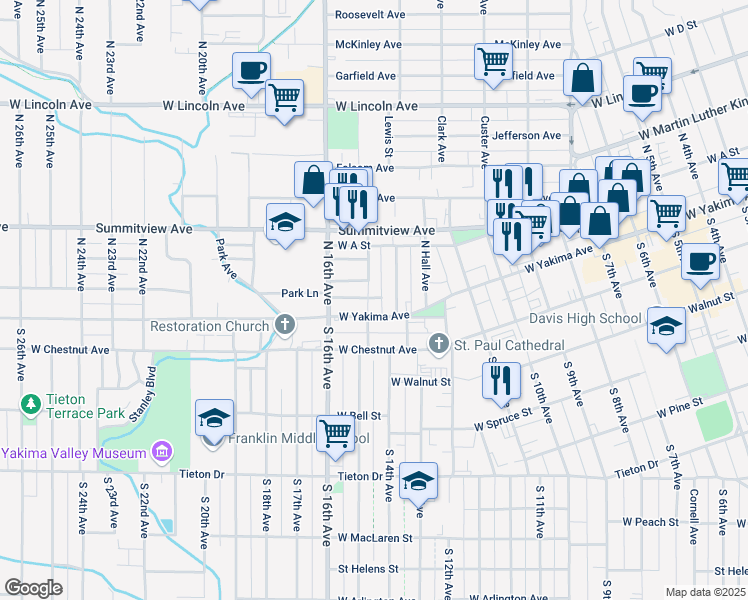 map of restaurants, bars, coffee shops, grocery stores, and more near 1409 West Yakima Avenue in Yakima