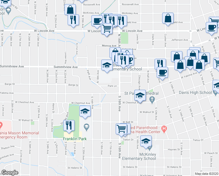 map of restaurants, bars, coffee shops, grocery stores, and more near 5 Park Avenue in Yakima