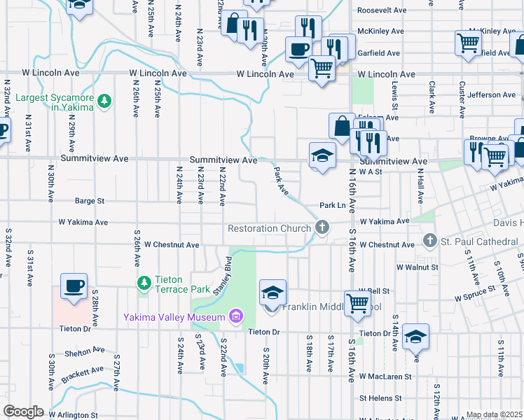 map of restaurants, bars, coffee shops, grocery stores, and more near 1911 West Yakima Avenue in Yakima