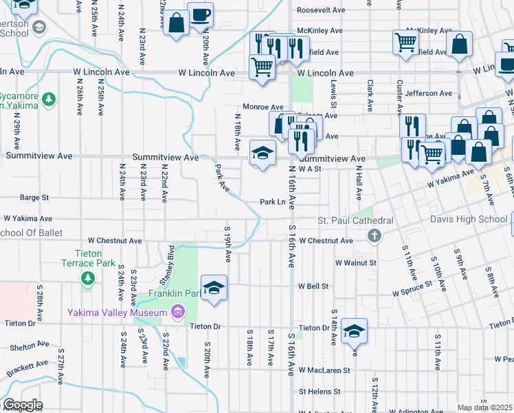map of restaurants, bars, coffee shops, grocery stores, and more near 5 Park Avenue in Yakima
