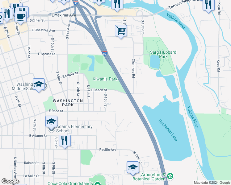 map of restaurants, bars, coffee shops, grocery stores, and more near 1602 East Beech Street in Yakima