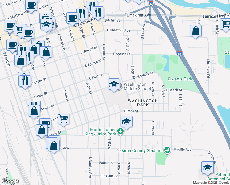 map of restaurants, bars, coffee shops, grocery stores, and more near 510 South 9th Street in Yakima
