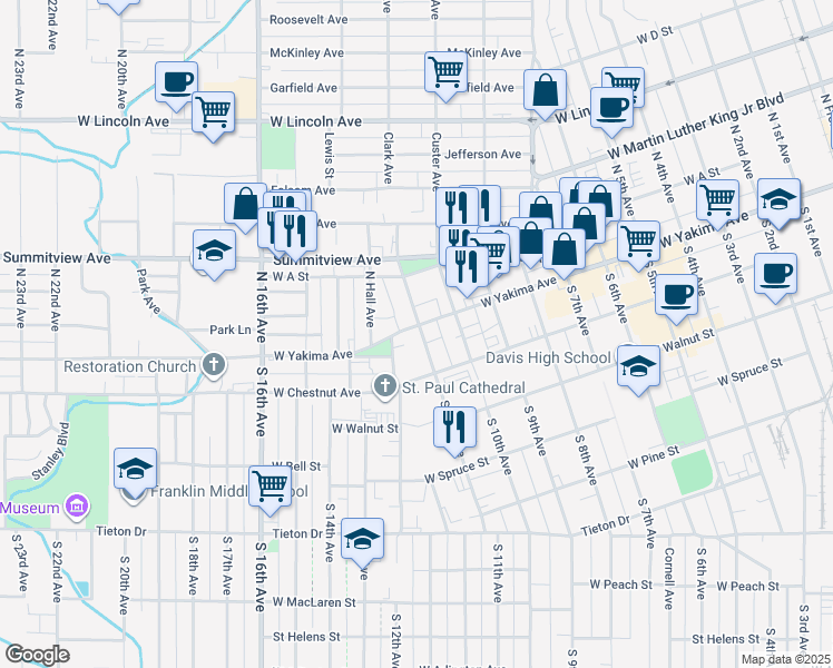map of restaurants, bars, coffee shops, grocery stores, and more near 1 South 12th Avenue in Yakima