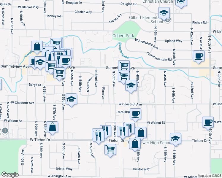 map of restaurants, bars, coffee shops, grocery stores, and more near 110 N 50th Ave in Yakima