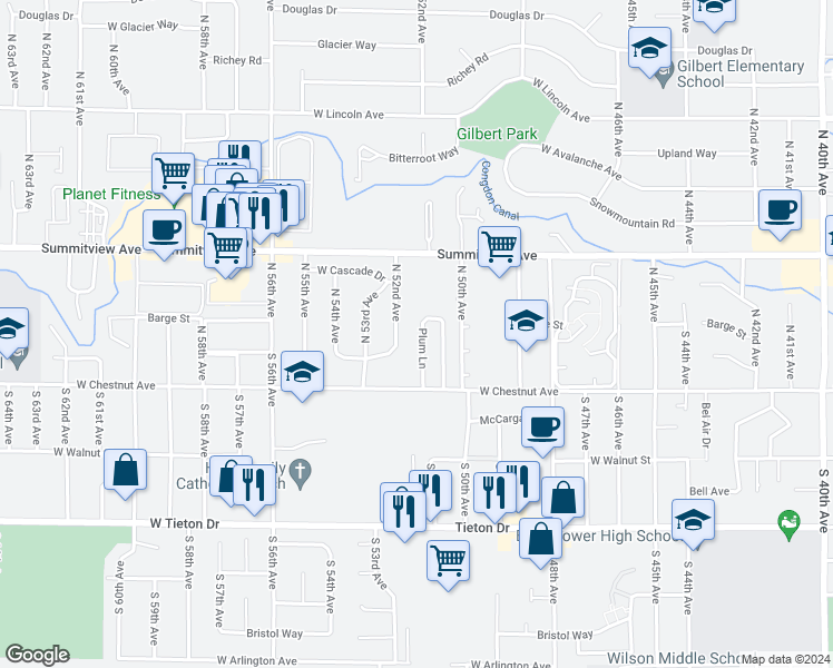 map of restaurants, bars, coffee shops, grocery stores, and more near 108 Plum Lane in Yakima