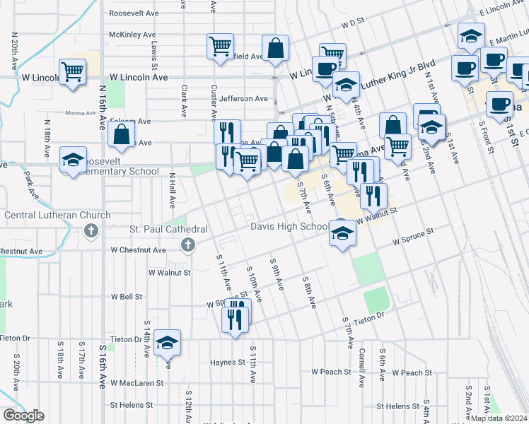 map of restaurants, bars, coffee shops, grocery stores, and more near 13 South 9th Avenue in Yakima