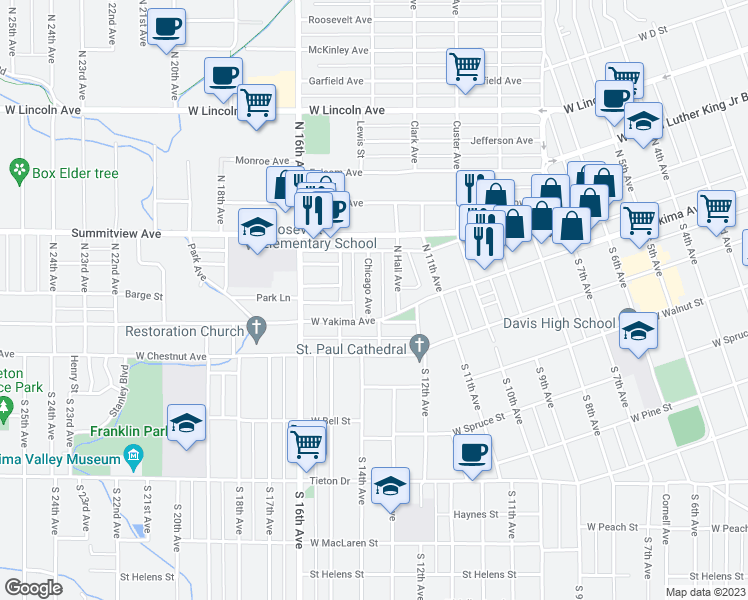 map of restaurants, bars, coffee shops, grocery stores, and more near 9 Chicago Avenue in Yakima