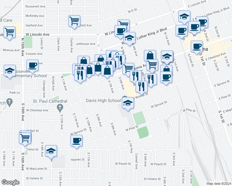 map of restaurants, bars, coffee shops, grocery stores, and more near 103 South 7th Avenue in Yakima