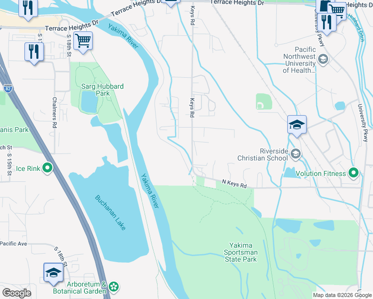 map of restaurants, bars, coffee shops, grocery stores, and more near Dike Rd in Yakima