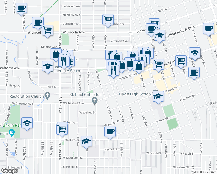 map of restaurants, bars, coffee shops, grocery stores, and more near 7 South 11th Avenue in Yakima