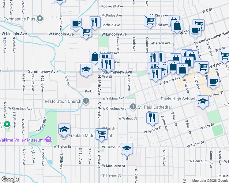 map of restaurants, bars, coffee shops, grocery stores, and more near 1409 West Yakima Avenue in Yakima
