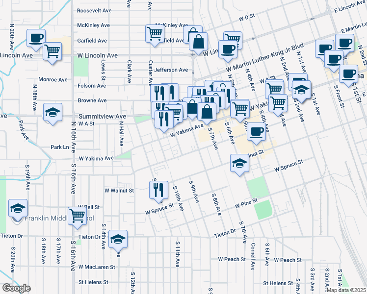 map of restaurants, bars, coffee shops, grocery stores, and more near 11 South 9th Avenue in Yakima