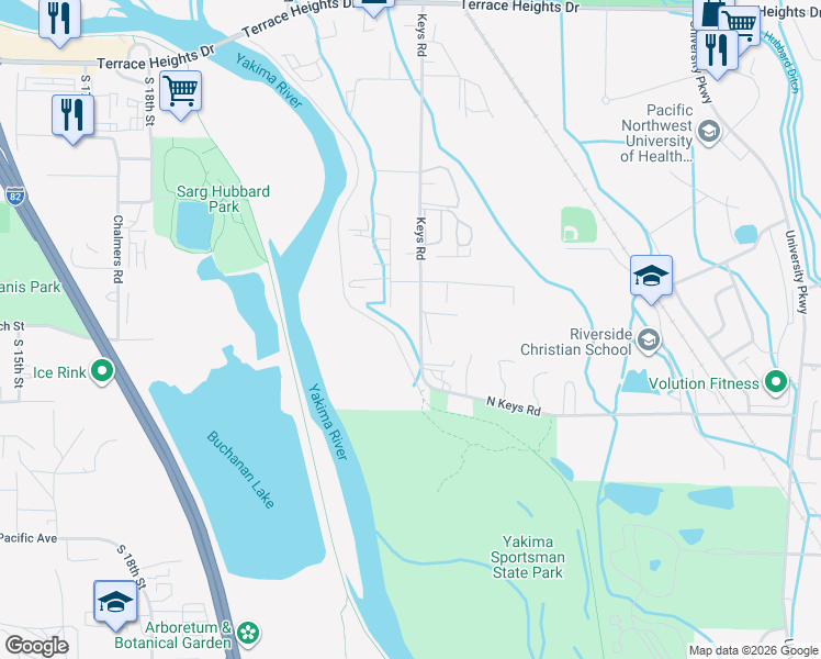 map of restaurants, bars, coffee shops, grocery stores, and more near Dike Rd in Yakima