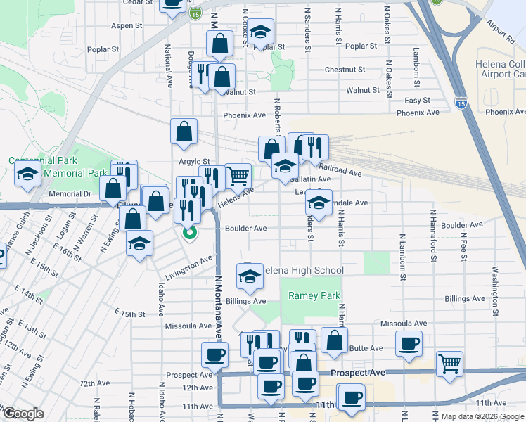 map of restaurants, bars, coffee shops, grocery stores, and more near 1336 Boulder Ave in Helena