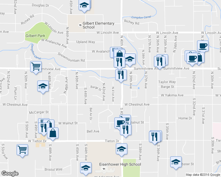 map of restaurants, bars, coffee shops, grocery stores, and more near 12 North 41st Avenue in Yakima