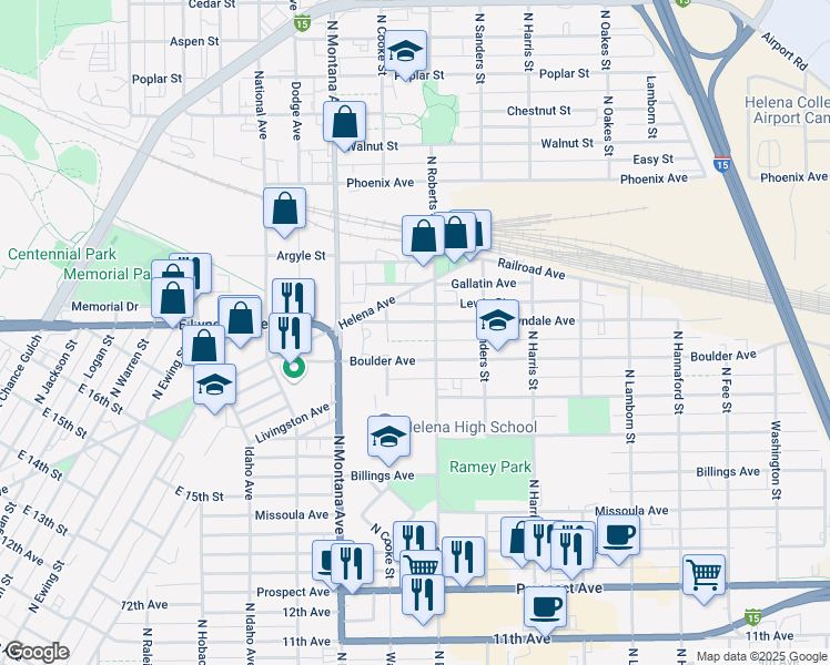 map of restaurants, bars, coffee shops, grocery stores, and more near 1336 Boulder Ave in Helena