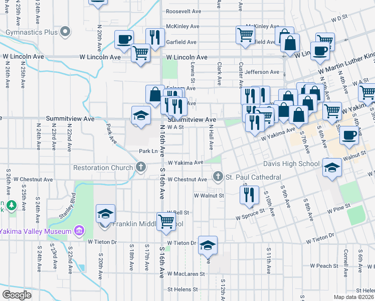 map of restaurants, bars, coffee shops, grocery stores, and more near 1409 West Yakima Avenue in Yakima