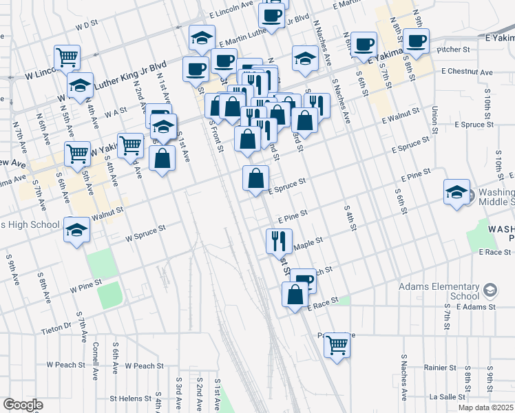 map of restaurants, bars, coffee shops, grocery stores, and more near 322 South 1st Street in Yakima